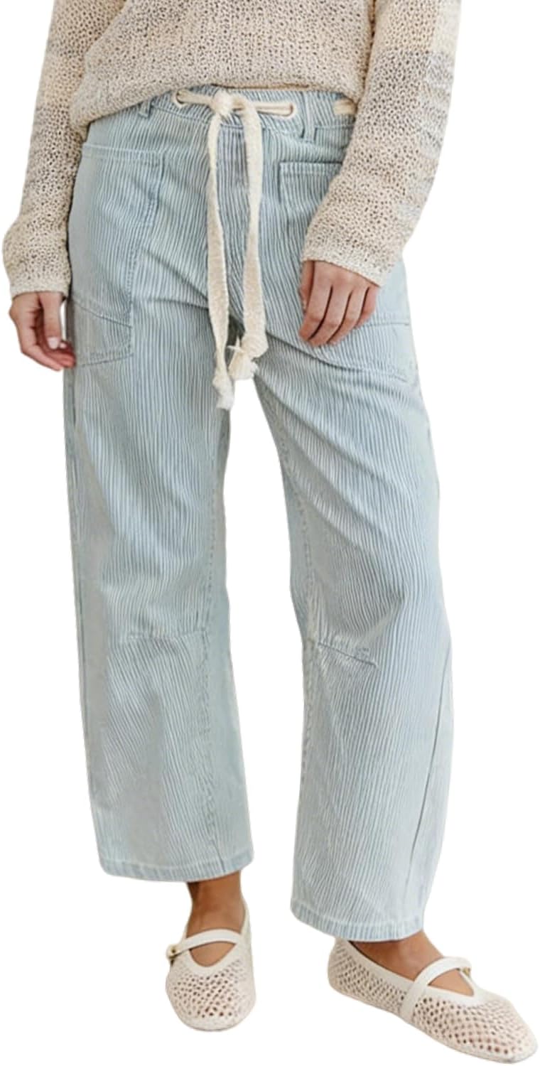 yoeasy Women Drawstring Barrel Jeans Striped Loose Wide Leg Denim Ankle Pants Y2k Baggy Boyfriend Jeans with Pockets