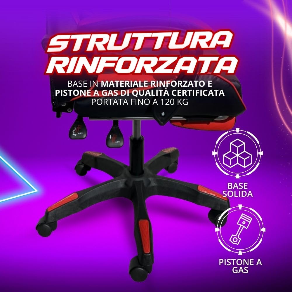 Sedia Gaming Ergonomica Reclinabile fino a 135°, con Poggiapiedi, Supporto Lombare e Poggiatesta, Rotazione 360°, Pistone a Gas, Pelle Sintetica Nera – Sedia Gaming Rosso/Nera