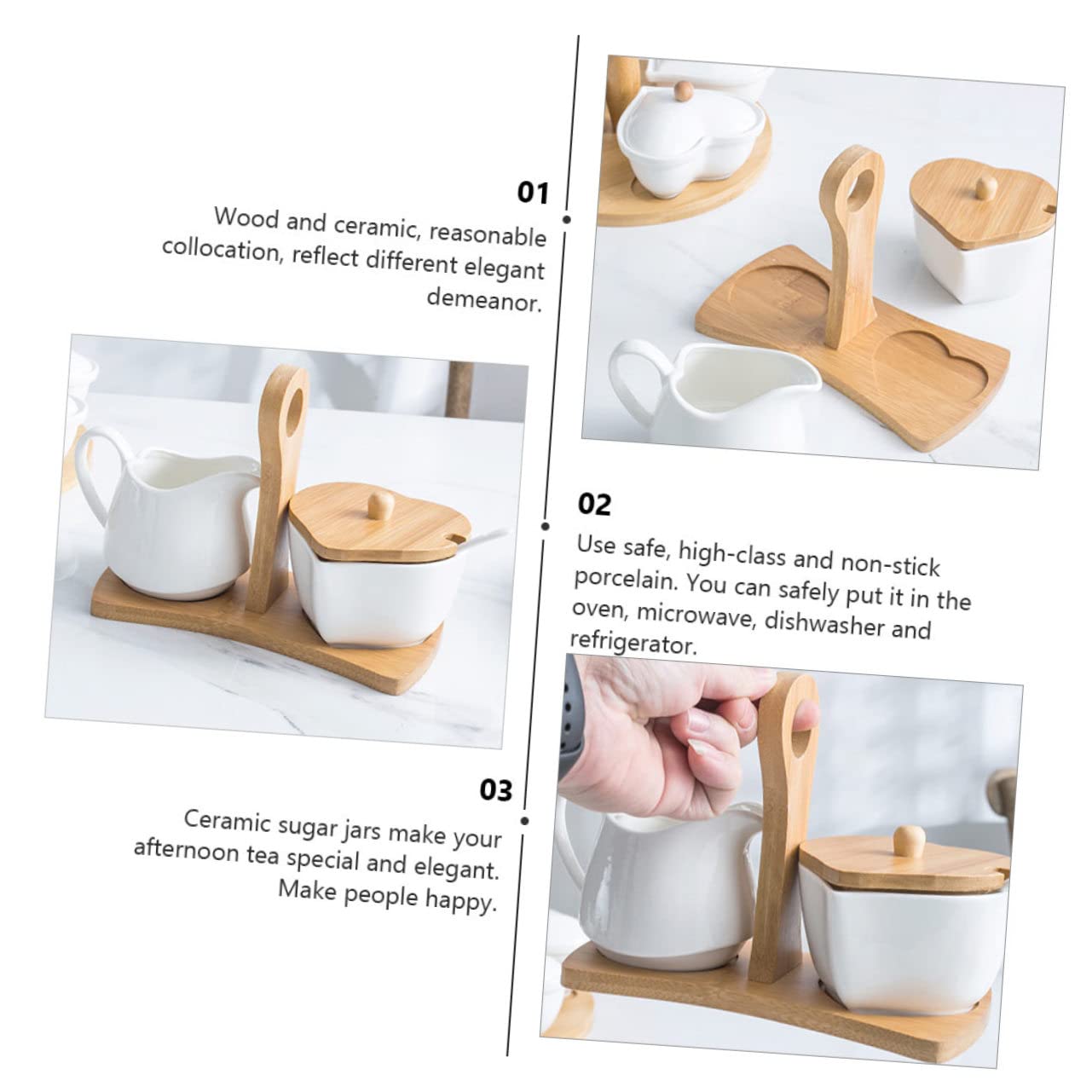 ULTECHNOVO Sucrier Céramique Blanc avec Pot à Lait et Set Rangement Cuisine avec Poignée en Bois Design Simple et Compatible Four Micro-ondes Décoration pour Maison