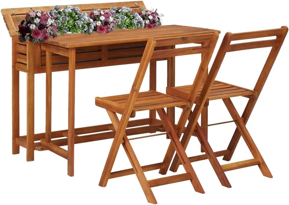 Balcony Planter Table with 2 Bistro Chairs,Balcony Furniture,Afternoon Tea Suit,Patio Furniture Set,Perfect for Patio, Garden, Porch,Family Room,Sitting Area, Solid Acacia Wood