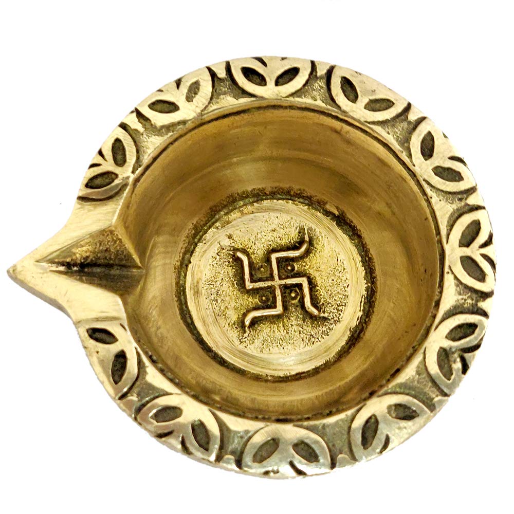Divya Mantra Home Decor Diya Lamp Indian Pure Brass Hindu Auspicious Symbol Laxmi Swastika Oval Shaped Decorative Oil Light Diwali Decoration Pooja Room Mandir Pital Diva Handmade Good Luck - Golden