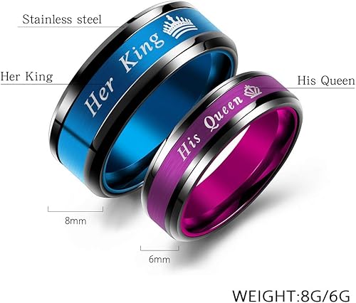 Miniatura 7 de Juego de 2 anillos a juego para parejas de rey y reina, anillos de compromiso de acero inoxidable