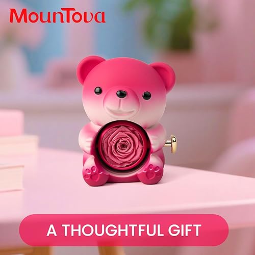 Miniatura 8 de Oso de Peluche Lindo con Rosa Preservada y Collar, Regalos Elegantes de Oso con Rosas con Caja de Joyería Oculta para Mujeres, Novia, Esposa, Rosa