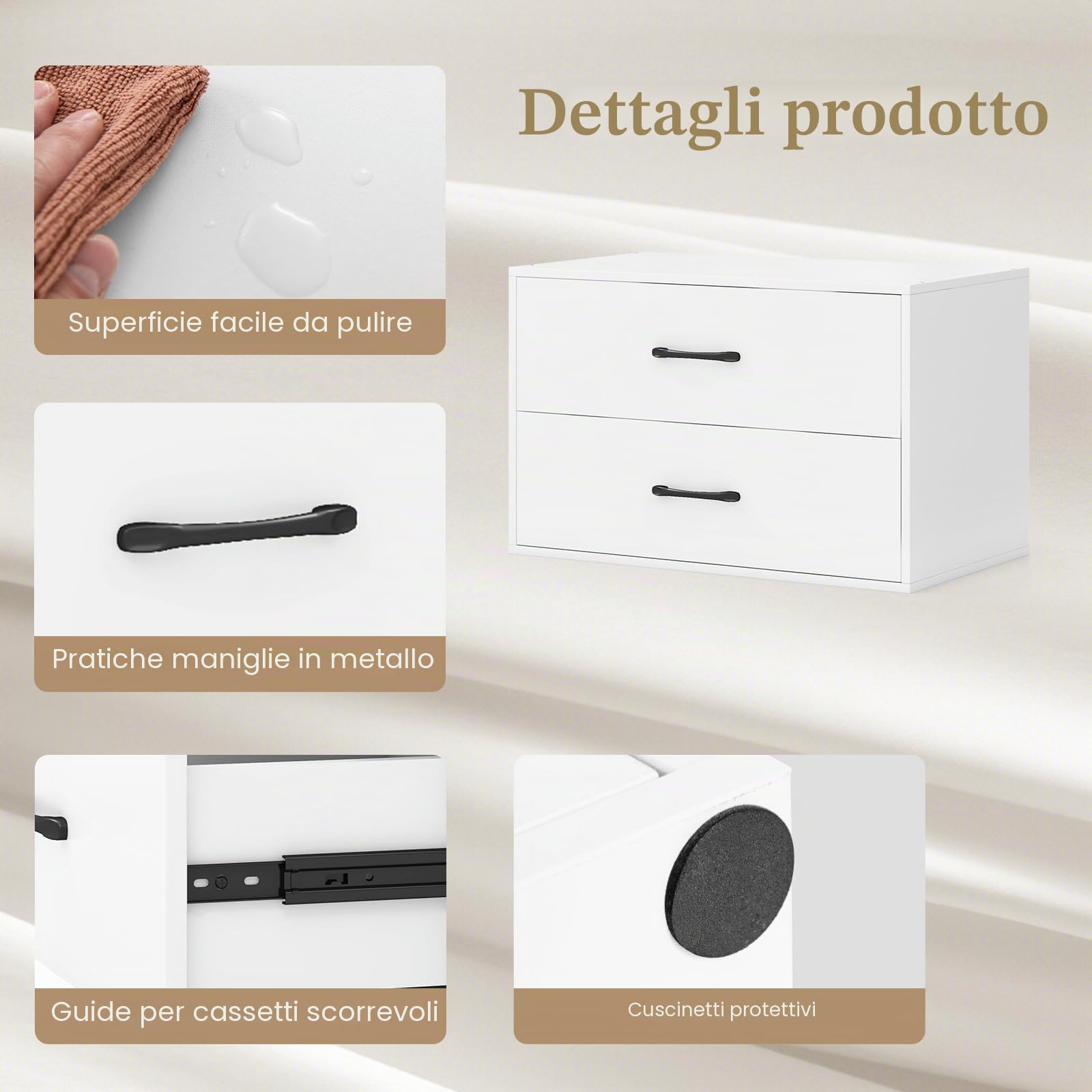 GIANTEX Cassettiera Portaoggetti con 2 Cassetti per Camera da Letto, Mobile in Legno con Kit Anti-Ribaltamento, 4 Tasselli, 60 x 34 x 38 cm, Bianco