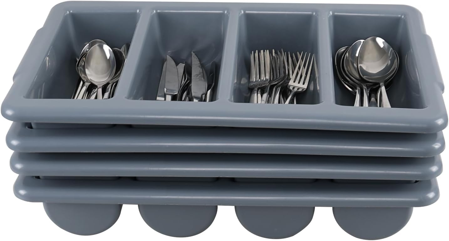 4-Pack Commercial 4-Compartment Plastic Cutlery Tray Box, Plastic Silverware Bin for Restaurant, Gray