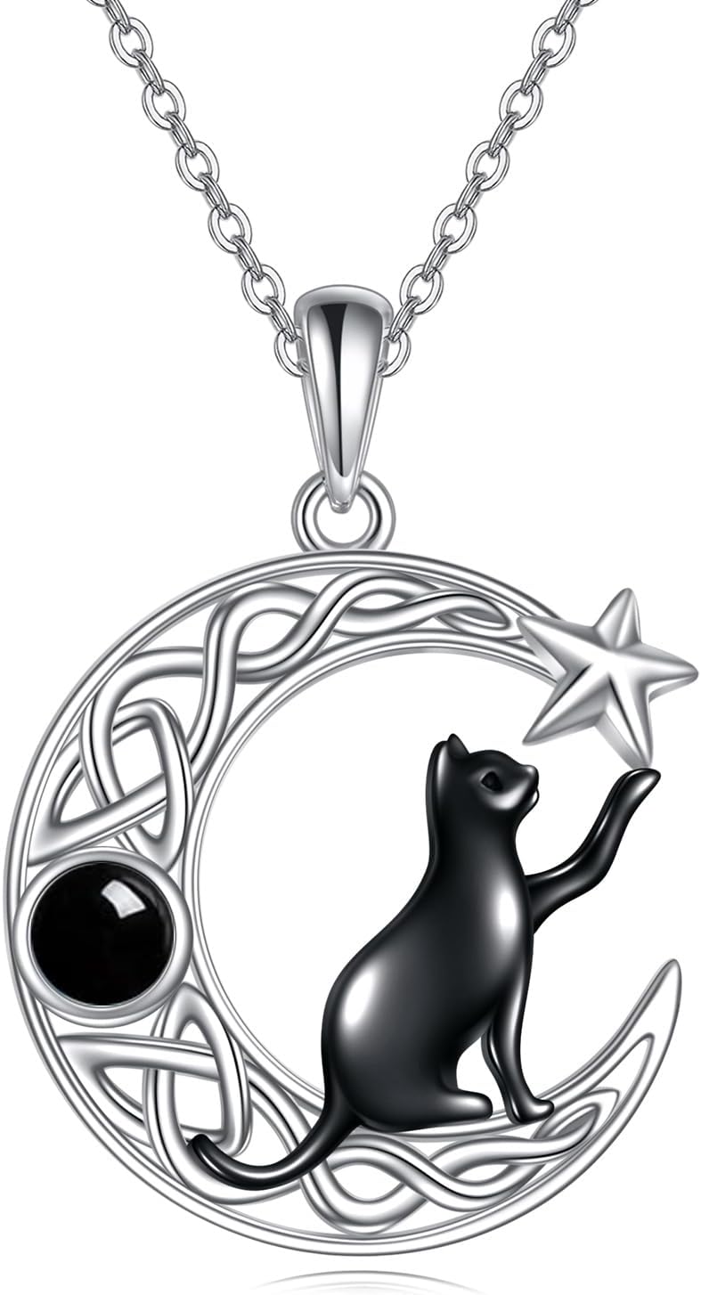 TIGER RIDER Moon Cat Necklace for Women 925 Sterling Silver Black Cat Moonstone Celtic Knot Jewelry Gifts Birthday Christmas Gifts for Women Wife Daughter