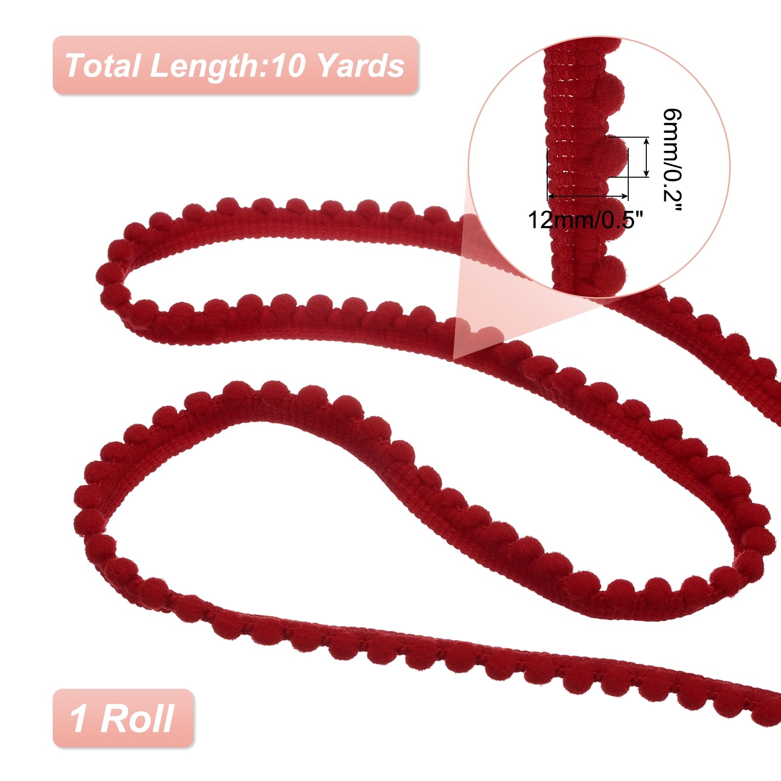uxcell 10 Yards Pom Pom Trim Ribbon, 0.5