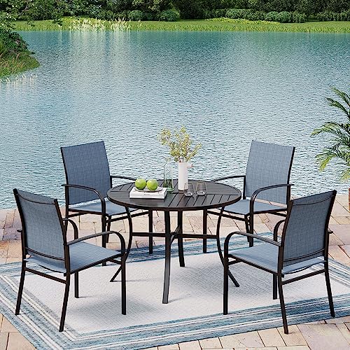 Mixpatio Outdoor Patio Dining Set 5 Piece Furniture Set With 4 Blue Textilene Chairs And 4 Person Metal Round Table For Deck Garden Backyard Lawn Poolside #TOP18