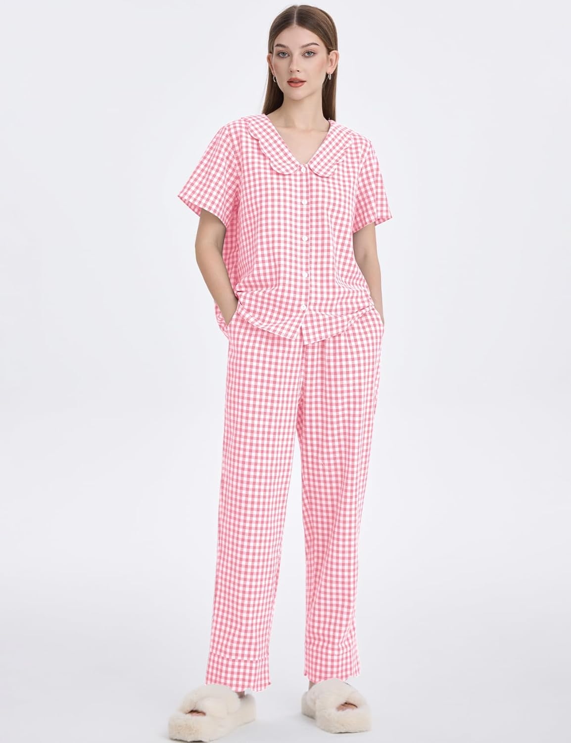Flygo Womens Gingham Pajamas Set Cotton 2 Piece Pj Set Scalloped Collar Babydoll Shirt Pants Plaid Y2K Lounge Sets - Image 2