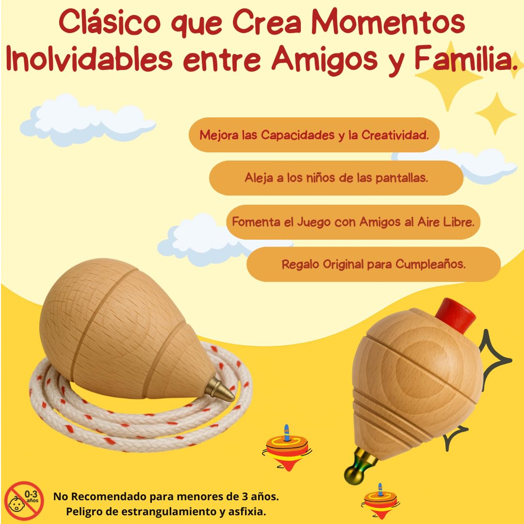 Peonza Madera para Niños Pack 30 Trompos + 30 Cuerdas | Packs de 2-4-6-8-12-16... Unidaes. | Hecho a Mano en España con Punta Redonda.