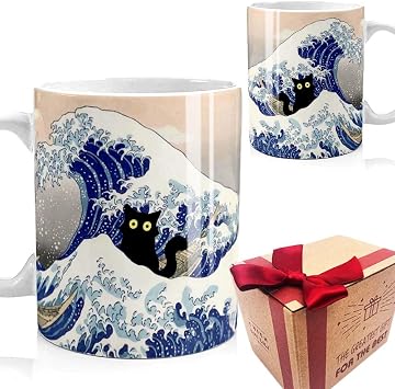 Famous Art Paintings Funny Cat Coffee Mug for Artist Teacher Cat Lovers, Famous Picture Classic Vincent Art Aesthetic Canvas Mug Birthday Gift for Women Man The Great Wave