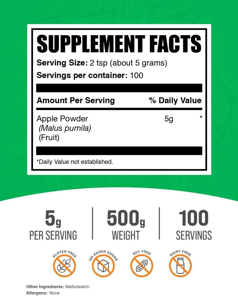 BulkSupplements.com Apple Powder - Apple Fruit Powder, Fiber Supplement for Digestive Support - Natural & Gluten Free, 5g per Serving, 500g (1.1 lbs) (Pack of 1)