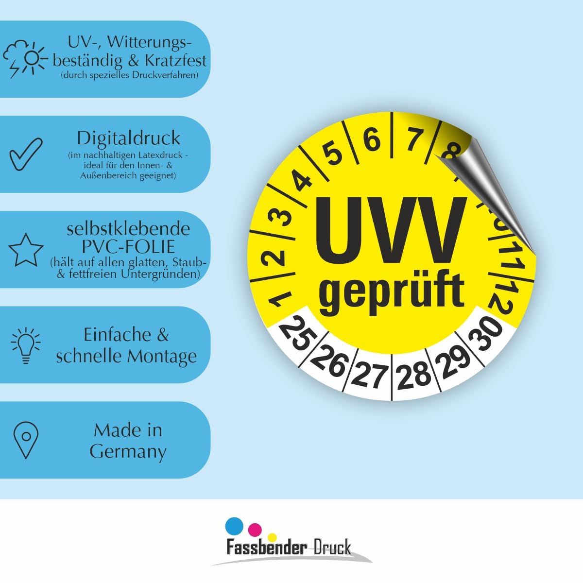 Hochwertige Prüfetiketten UVV PRÜFUNG Ø 40mm - Selbstklebende PVC-Folie - Wartungsetiketten für Prüfung - Prüfplakette für Prüfungsnachweis (30 Stück)