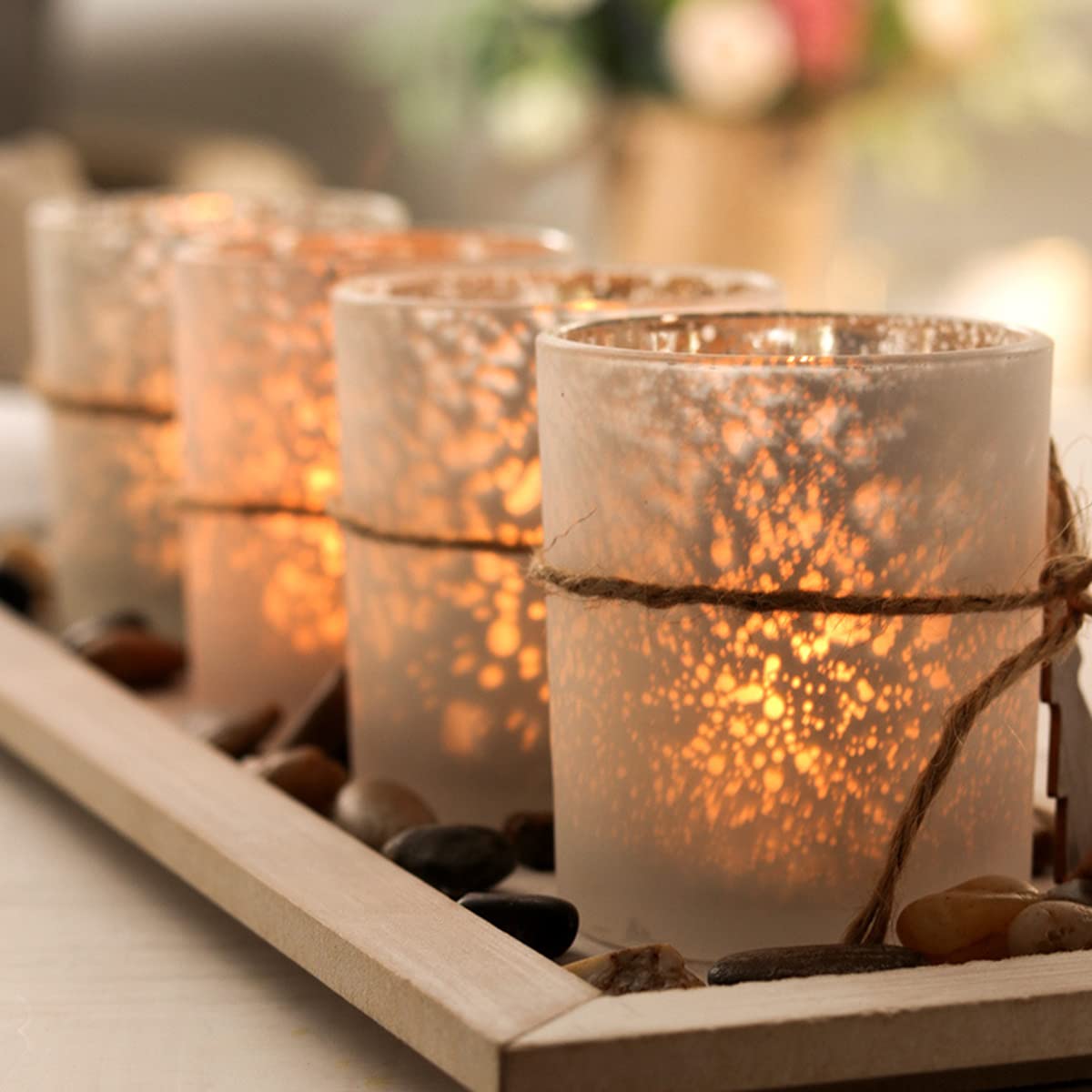 Dekoracyjny świecznik zestaw 4 szt. z tacą i skałami, bożonarodzeniowy zestaw szklanych świeczników, świeczniki na świeczki tealight stół elementy centralne na stolik kawowy stół sklep salon dekoracja domu