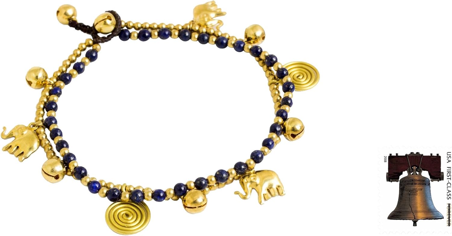 NOVICA Artisan Handmade Lapis Lazuli Anklet Bell with Brass Charms Blue Gold Tone Beaded Thailand Reflecting Pond Snorkel Animal Themed Bohemian 'Elephant Bells'