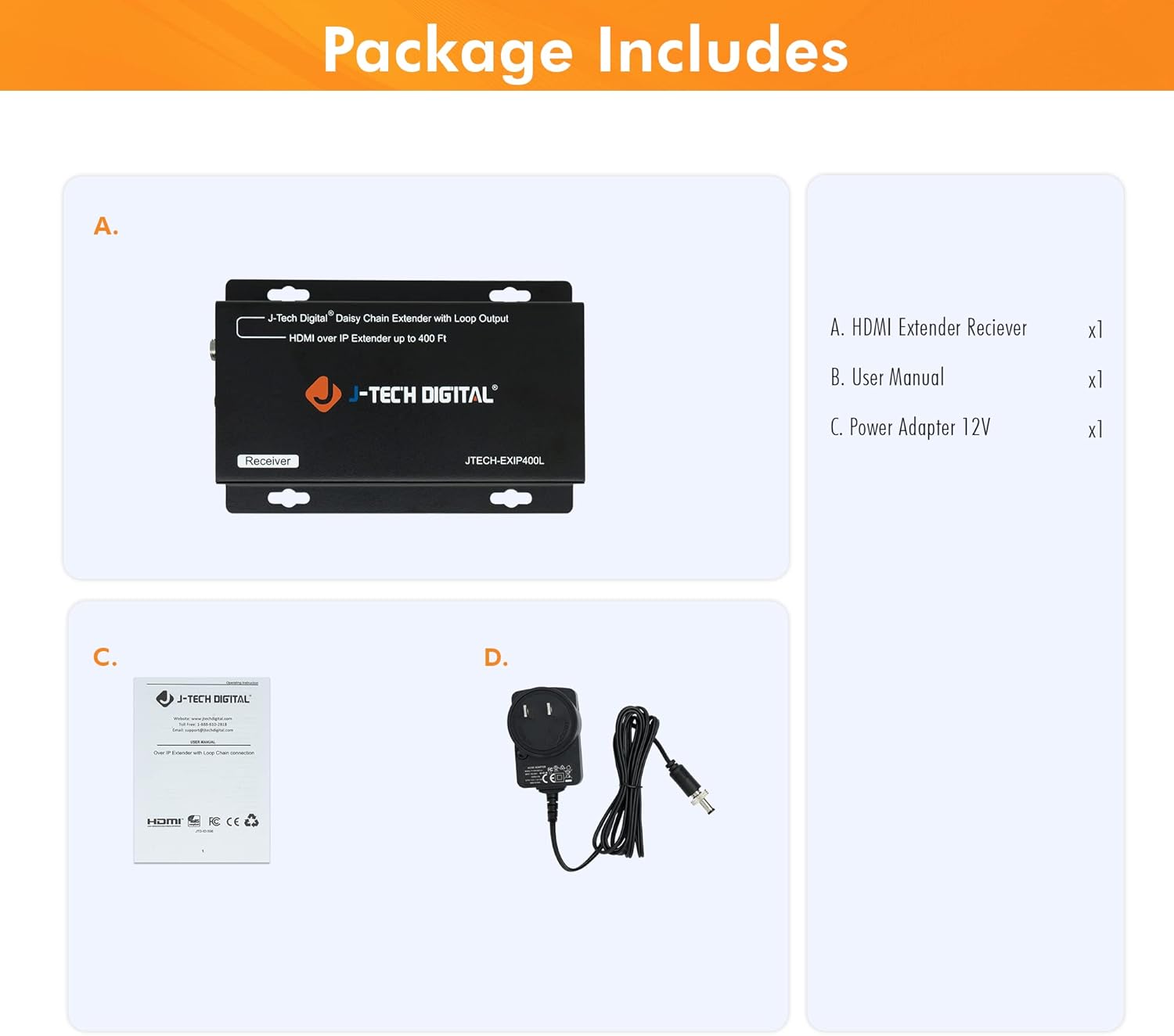 J-Tech Digital HDMI Extender Over Cat 5e/Cat6 Cable Daisy Chain Cascade to Multiple Receivers TCP/IP up to 1080P FHD 60Hz 400ft / 120M HDCP 1.4 [Receiver Only JTECH-EXIP400LR]
