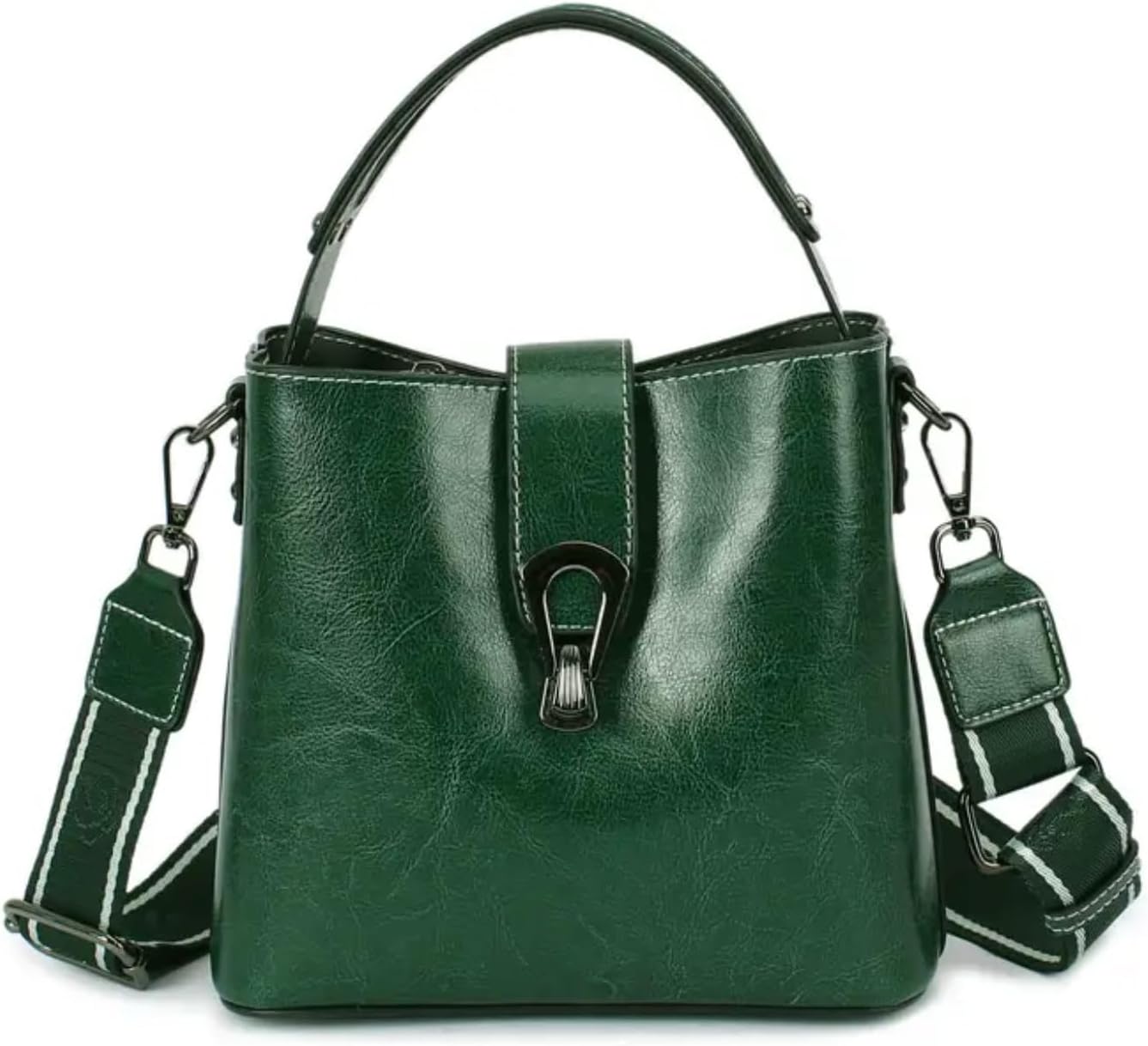Women Genuine Real Leather Bucket Hobo Handbag, Vintage Fashion Top handle Satchel Crossbody Bag w/ 2 Straps