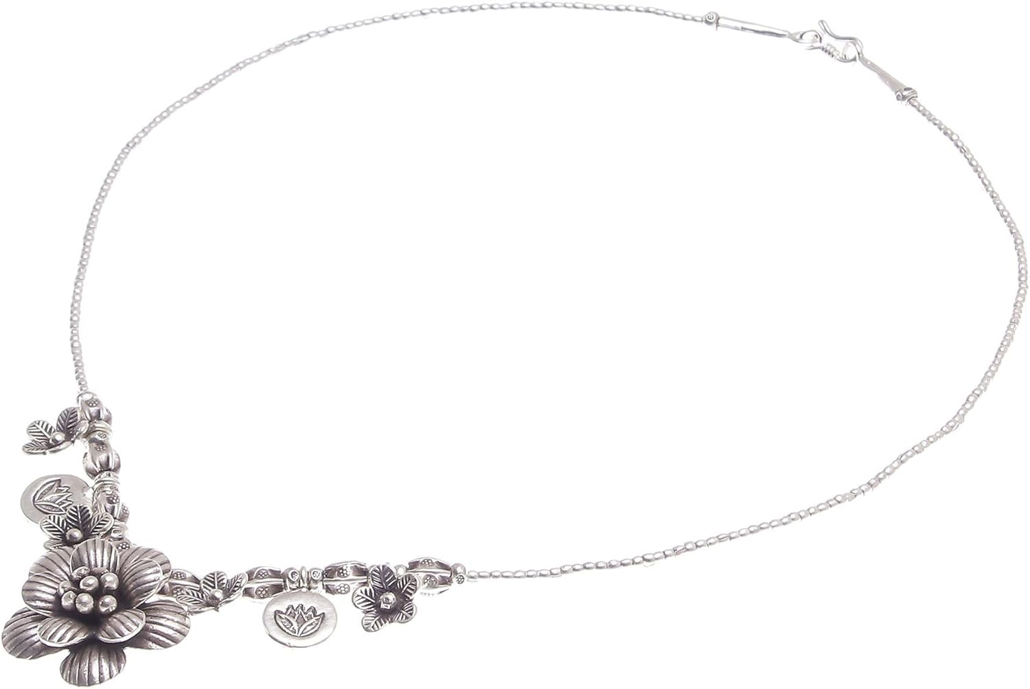 NOVICA Handmade Silver Beaded Pendant Necklace Hill Tribe Flower Fine Sterling Thailand Floral 'Garden in Bloom'