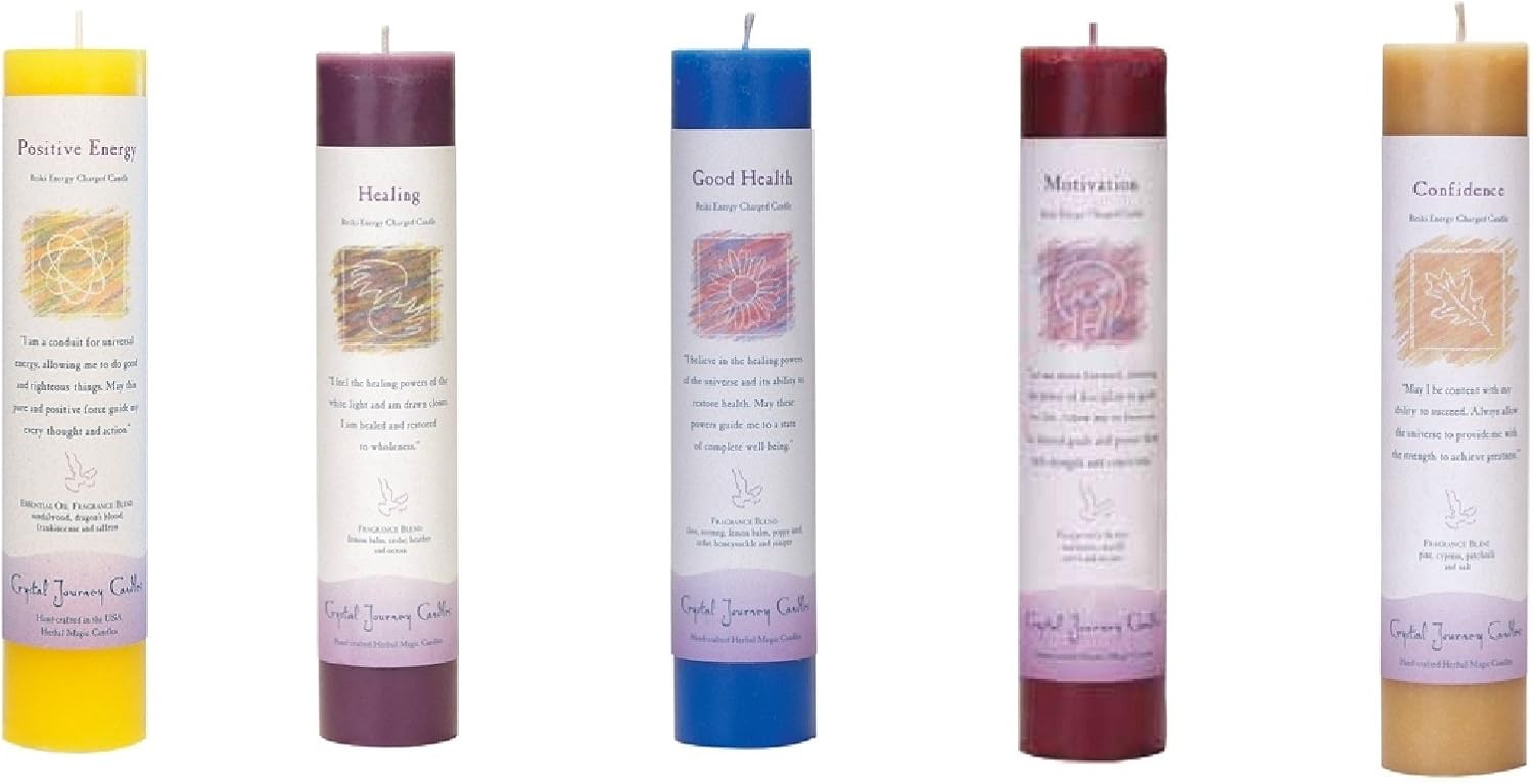 Crystal Journey Reiki Charged Herbal Magic Pillar Candle with Inspirational Labels – Bundle of 5 (Positive Energy, Healing, Good Health, Motivation, Confidence) Each 7″x1.5″ handcrafted with lead-free