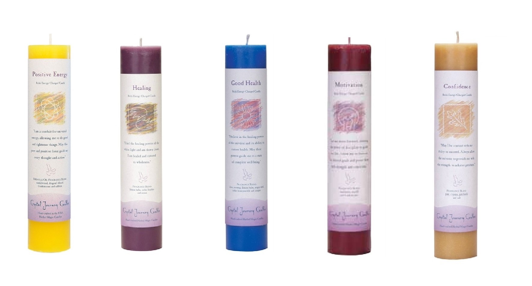 Crystal Journey Reiki Charged Herbal Magic Pillar Candle Bundle of 5 (Positive Energy, Healing, Good Health, Motivation, Confidence)