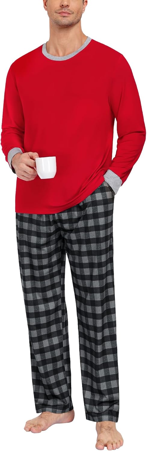 SWOMOG Mens Pajama Set Sleepwear Pjs Set Long Sleeve Shirts Plaid Pj Pants 2 PCS Loungewear Set with Pockets