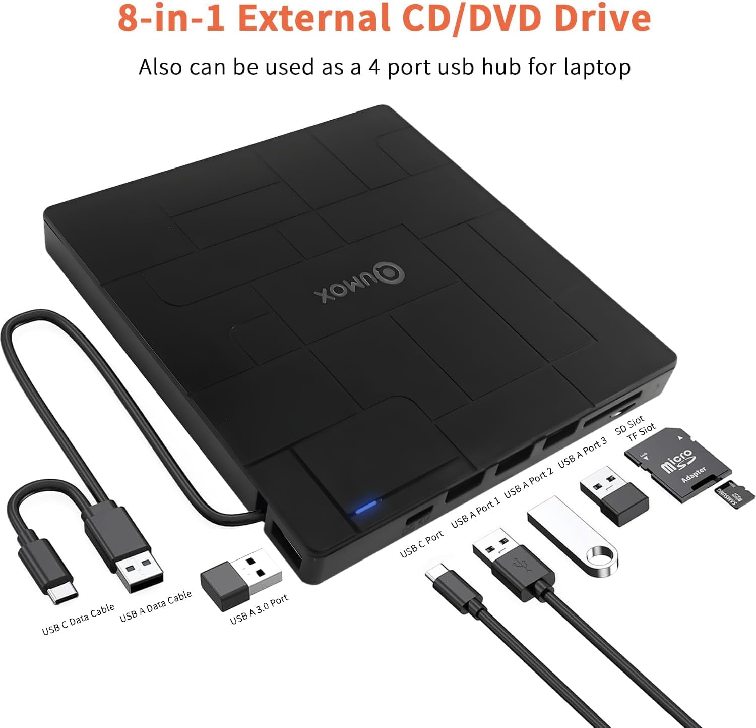 QUMOX Masterizzatore Esterno DVD/CD 8-in-1 USB 3.0 con USB-C, 3 Porte USB, Lettori Schede SD/TF, Masterizzatore Slim per Laptop, Windows 11/10/8/7, Linux, Mac OS