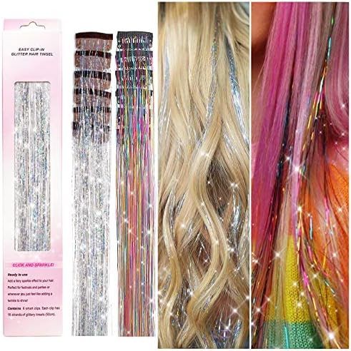Clip in Hair Tinsel, POROLIR 12Pcs Glitter Fairy Tinsel Hair Extensions 20 Inch Shiny Hair Tinsel Heat Resistant, Sparkly Strands Hair Accessories, Festival Gift for Women Girls Kids (Silver Colorful)
