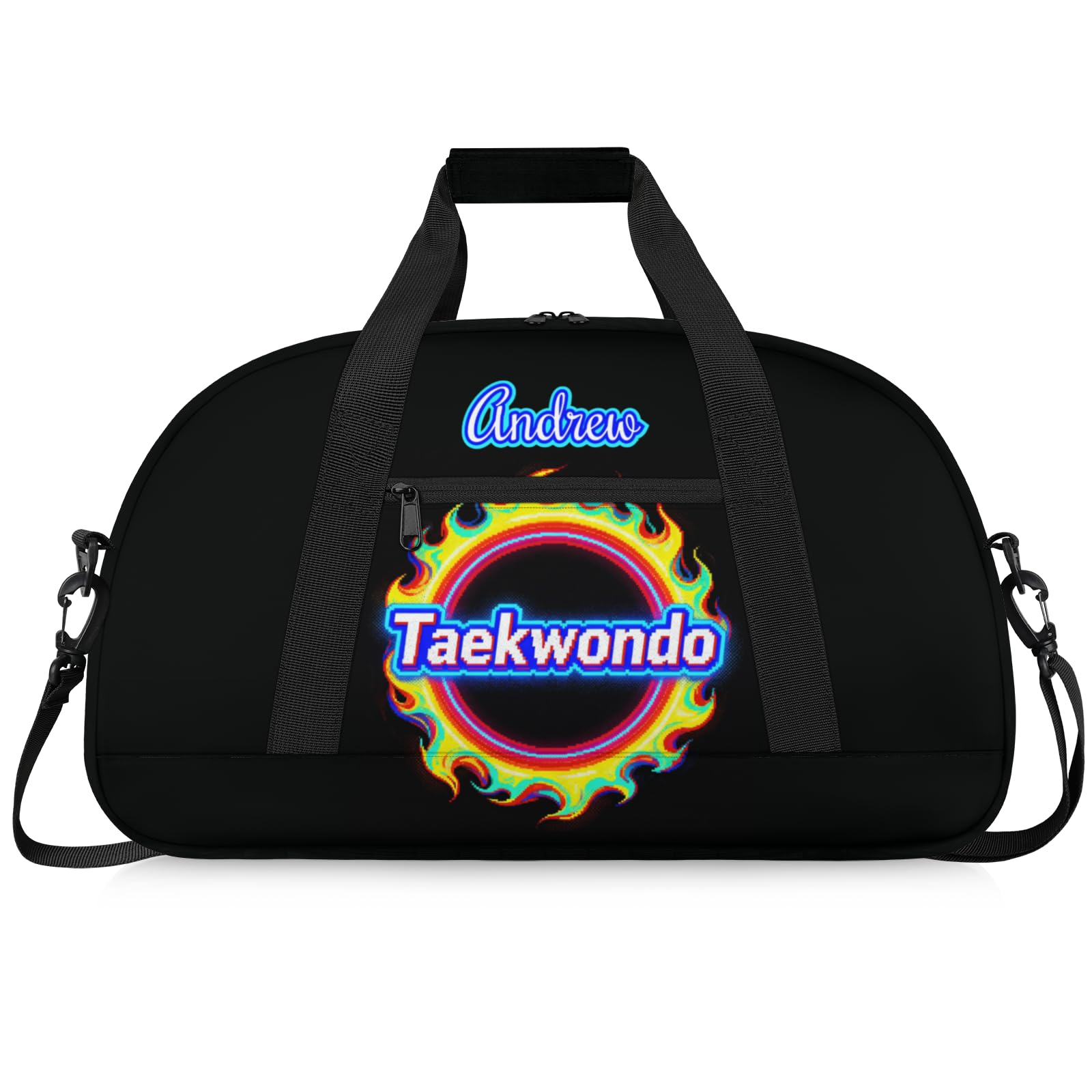 Martial Arts Training Duffle Bag | Personalised Taekwondo Karate Boxing Gym Bag for Men & Kids | Custom Name Water-Resistant Sports Holdall for Gear & Gloves, Taekwondo Flame Pixel Art