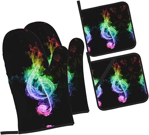 Miniatura 9 de Juego de 4 guantes de horno y soportes para ollas de notas musicales coloridas, resistentes al calor, antideslizantes, de algodón, para cocinar