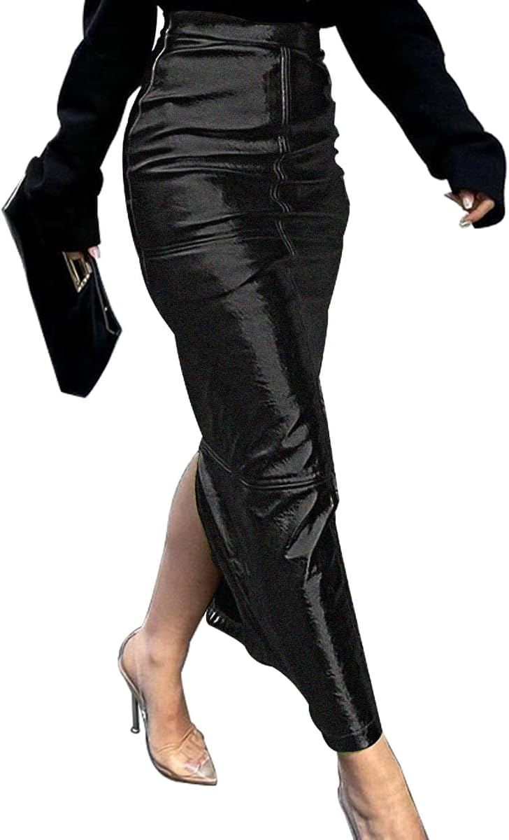 LuFeng Women's Sexy Summer Sparkly High Waist Slit Hem Bodycon Club Mermaid Maxi Skirt - Image 2