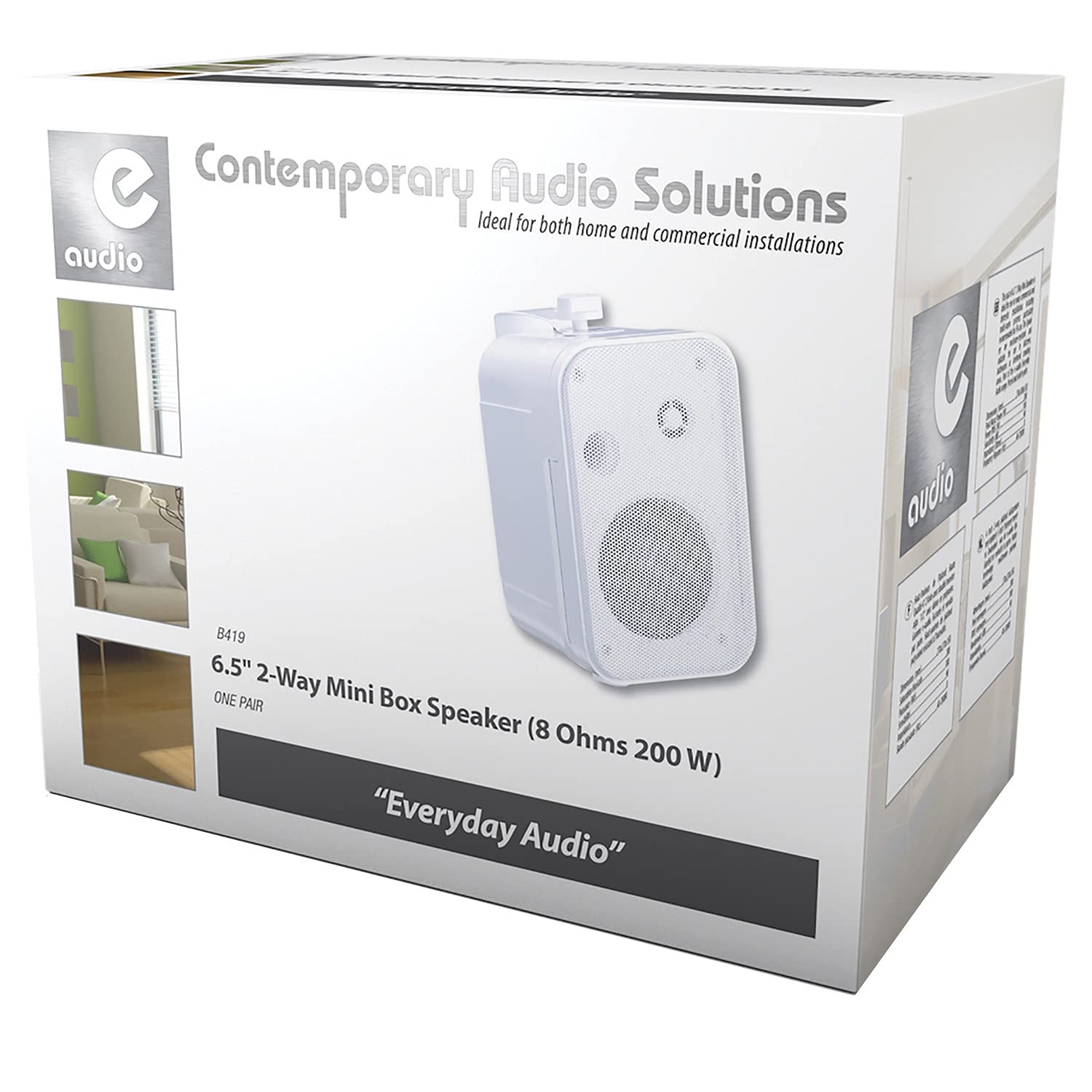 e Audio Paire de Mini Enceintes 200W Blanches 6,5" 2 Voies avec Support - Idéal pour Une Utilisation Domestique ou Commerciale