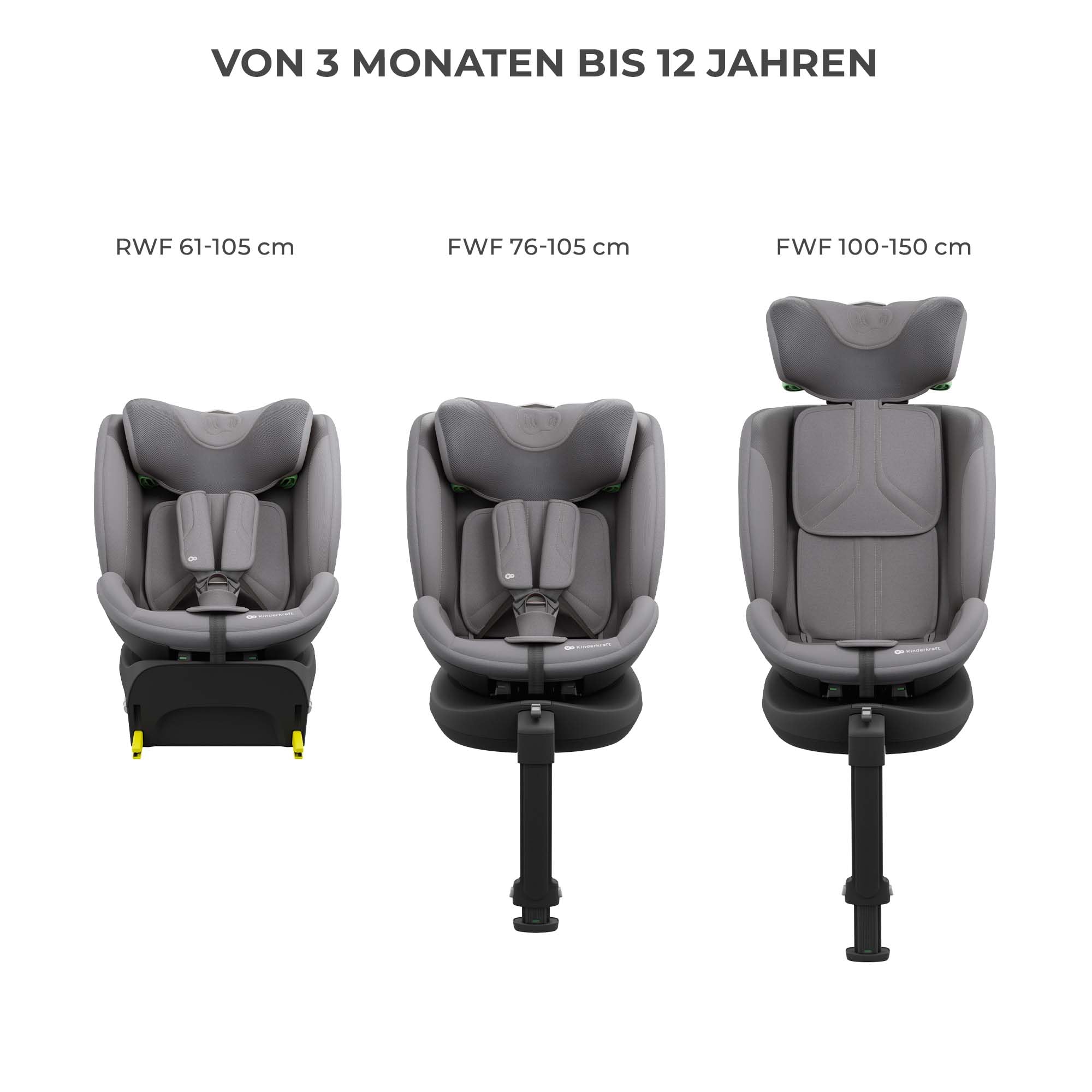 KINDERKRAFT ENDURA SAFE MODULAR SYSTEM, 3in1, für Kinder und Säuglinge, Autokindersitz, drehbare Basis (90°), ultraleicht (3,2 kg), Premium-Polsterung, Kopfschutzsystem, Grau