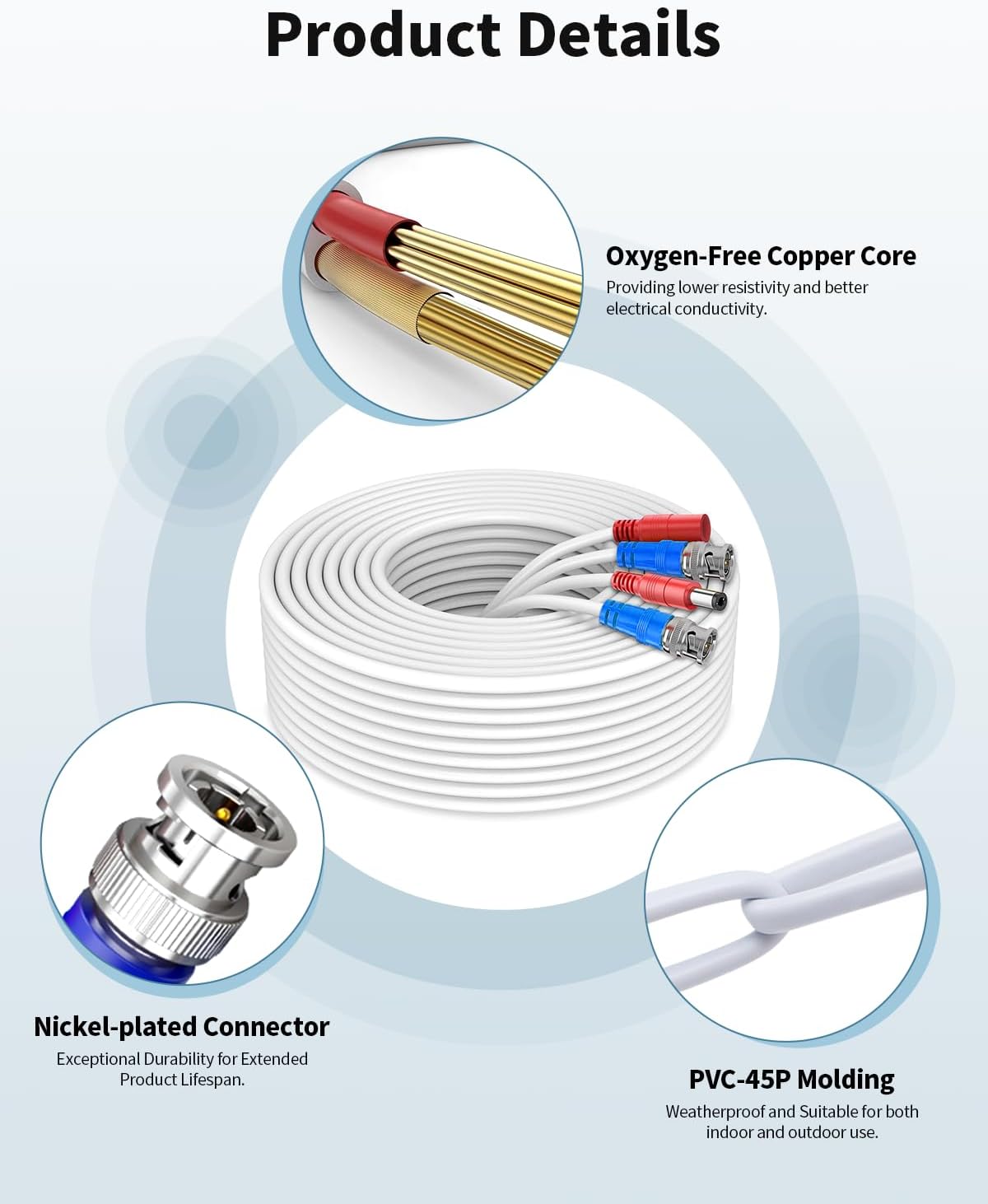 《2-in-1 Video Power Cable》 4-Pack 100FT White Extension Wire with BNC Connectors and RCA Adapter for Outdoor Security Camera DVR System