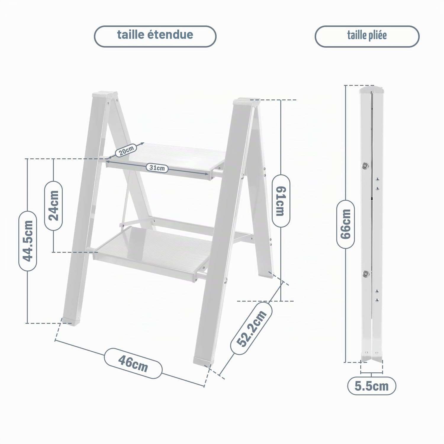 Eulenke Escabeau 2 marches Pliable Léger, Escabeau pliant en aluminium, Marche d’escalier antidérapant avec verrouillage pliable, Échelle pliante pour la maison, la cuisine, Charge maximale : 150 kg