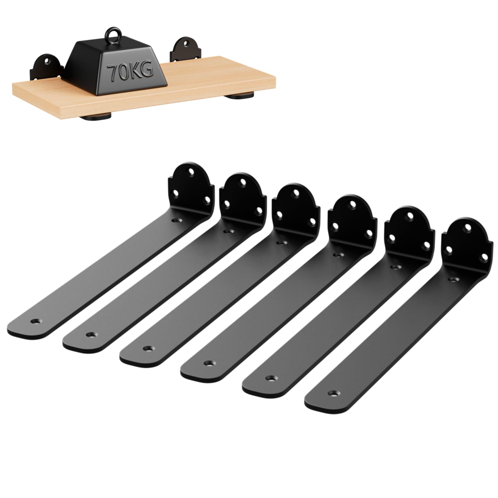 Lot de 6 Équerre Étagère Murale 25 cm, Support Étagère Murale L en Métal Robust et Capacité de Charge 70 Kg, Noir