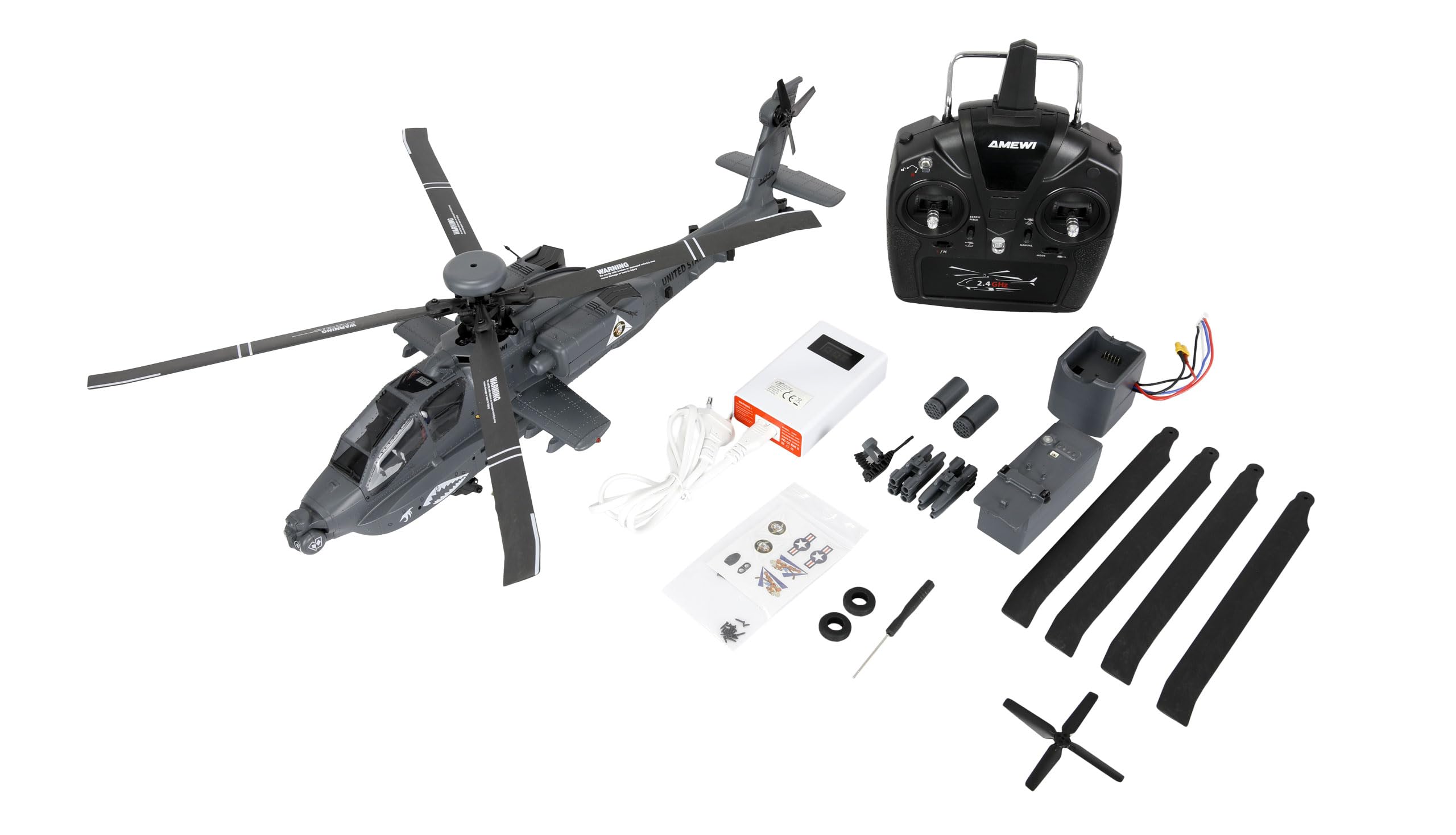 Amewi Apache AH-64D CP Helikopter 6G/3D RTF grau inkl. Fernsteuerung, Akku, Ladekabel, Zubehör