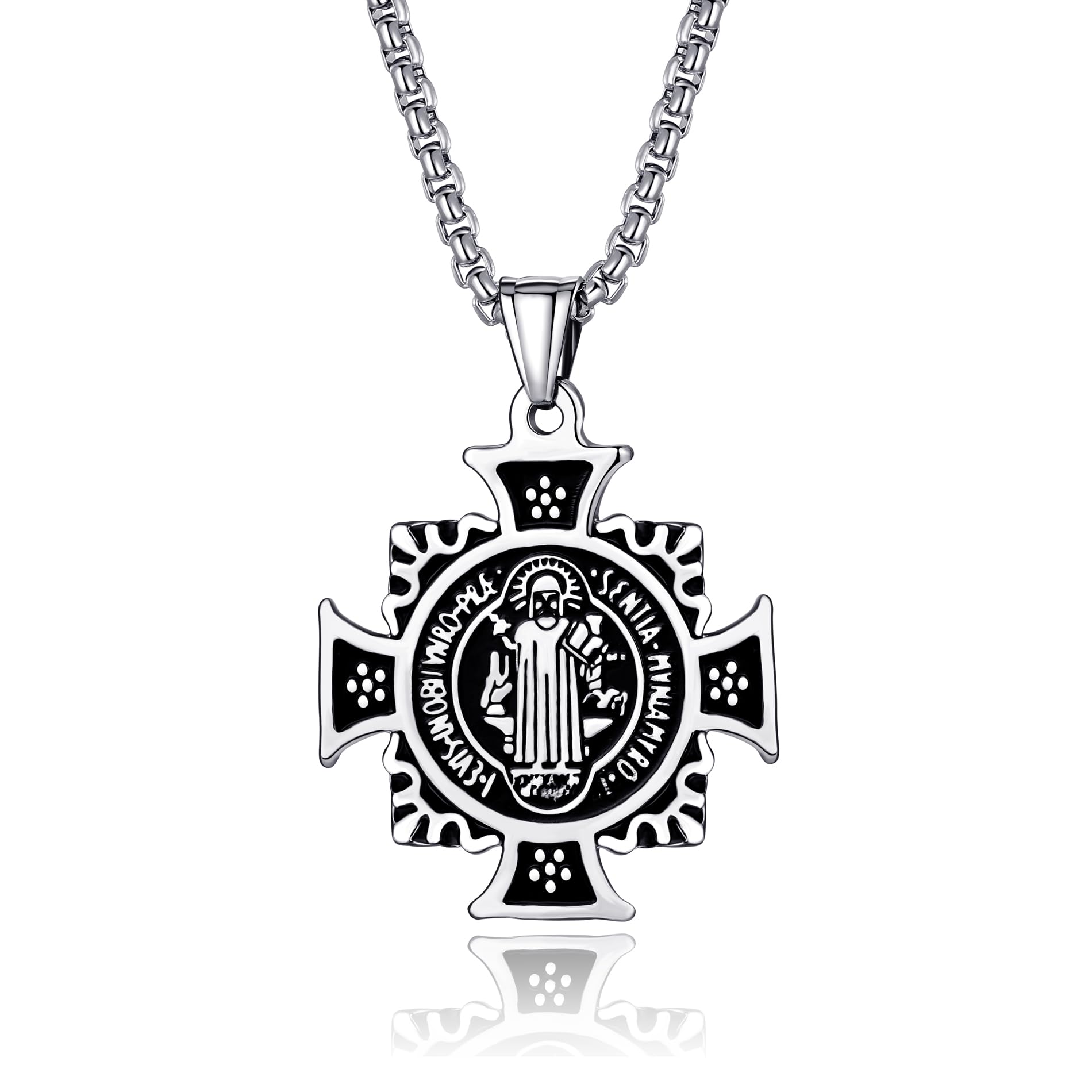 GAOYEEMens/Womens St Benedict Medal Exorcism Pendant Necklace Stainless Steel Catholic Roman Cross Demon Protection Necklace