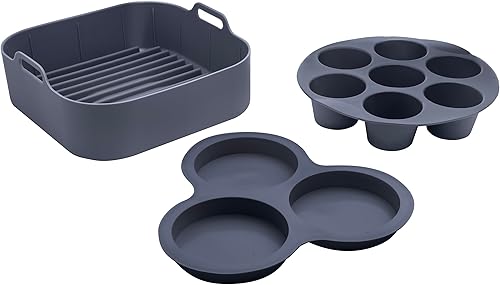 Gourmia Set de Accesorios para Freidora de Aire - Juego de 3 Piezas de Silicona, Forro, Olla para Huevos, Molde para Cupcakes de 7 Agujeros, Sin