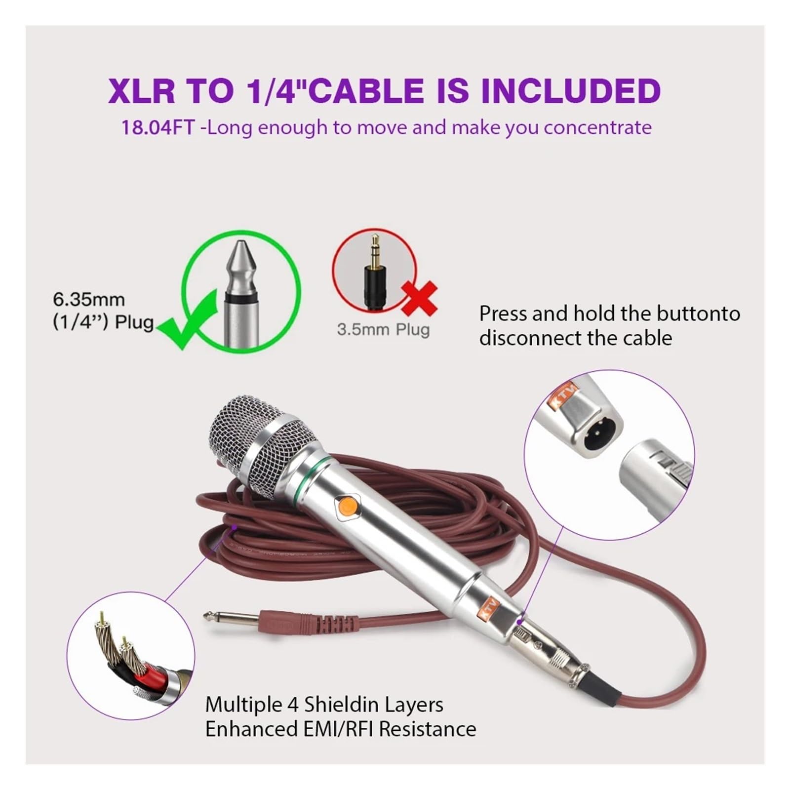 Micrófono Vocal Dinámico Cardioide Profesional (Disponible En Morado O Plateado) Ideal For KTV Y Presentaciones Vivo Compatibilidad Universal(D13-PE)