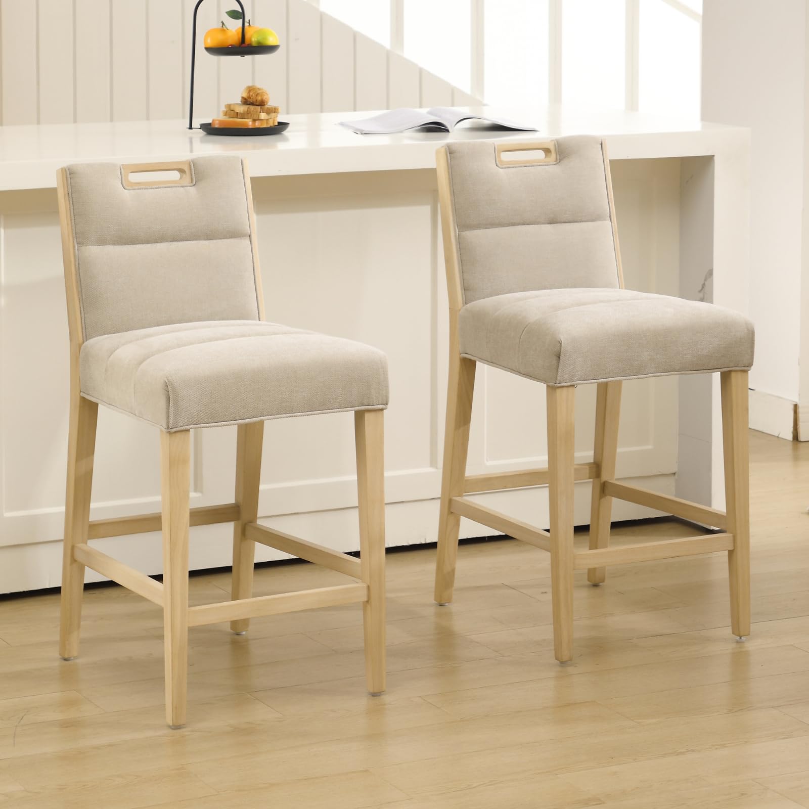 chairus Juego de 2 Taburetes de Bar de Madera sin Reposabrazos Silla Alta de Barra con Asiento Acolchado, Taburetes de Mostrador de Chenilla para Isla de Cocina/Cafetería, Beige