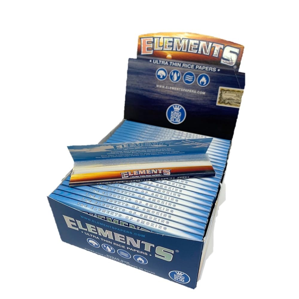New ELEMENTS Slim King Size ULTRA THIN RICE Rolling Paper - total 1600 papers - FULL BOX (KING SIZE, 50, Count)