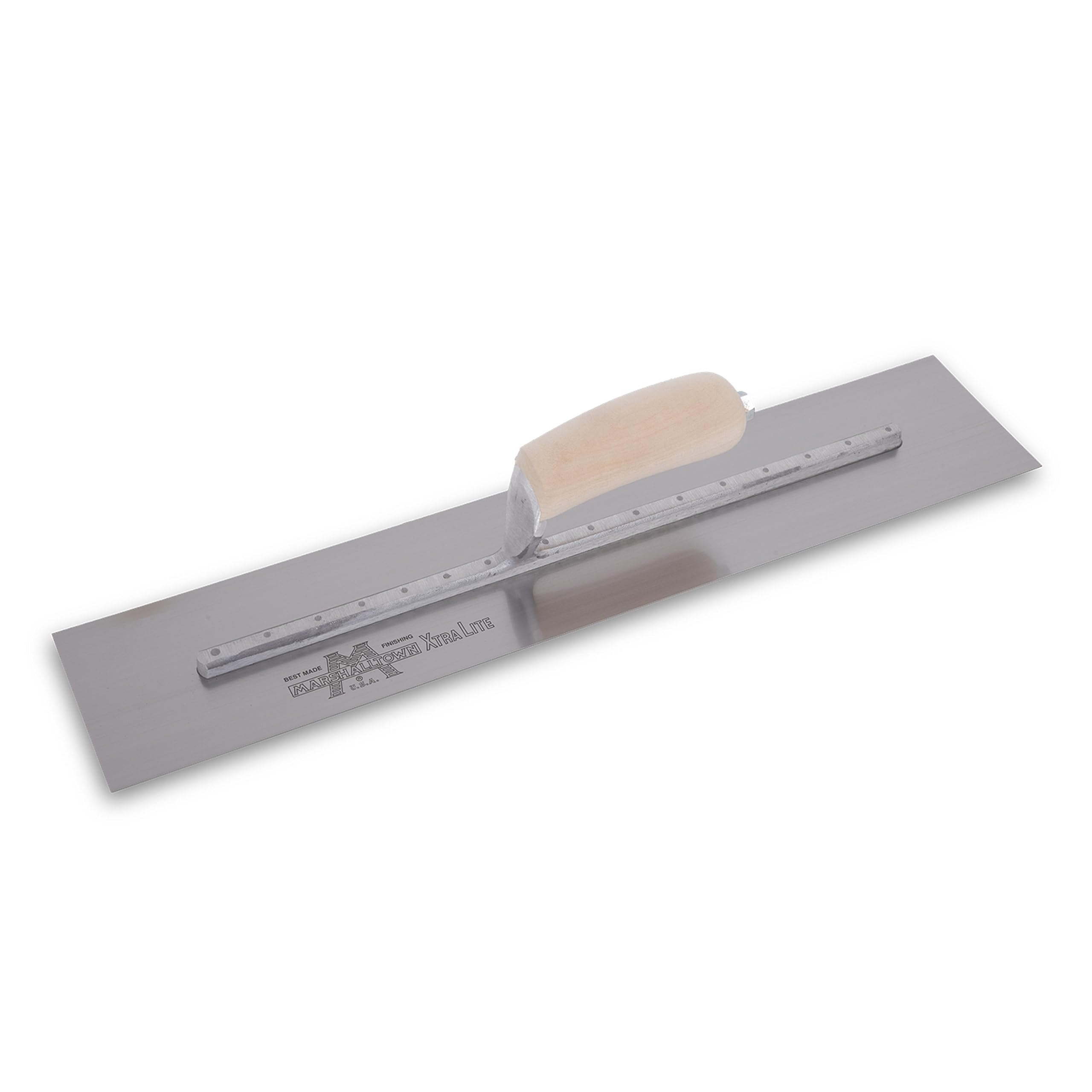 Frattazzo lisciante Marshalltown con manico curvo in legno, in acciaio al carbonio, molto adatto per pavimenti e calcestruzzo, dimensioni: 508x127 mm