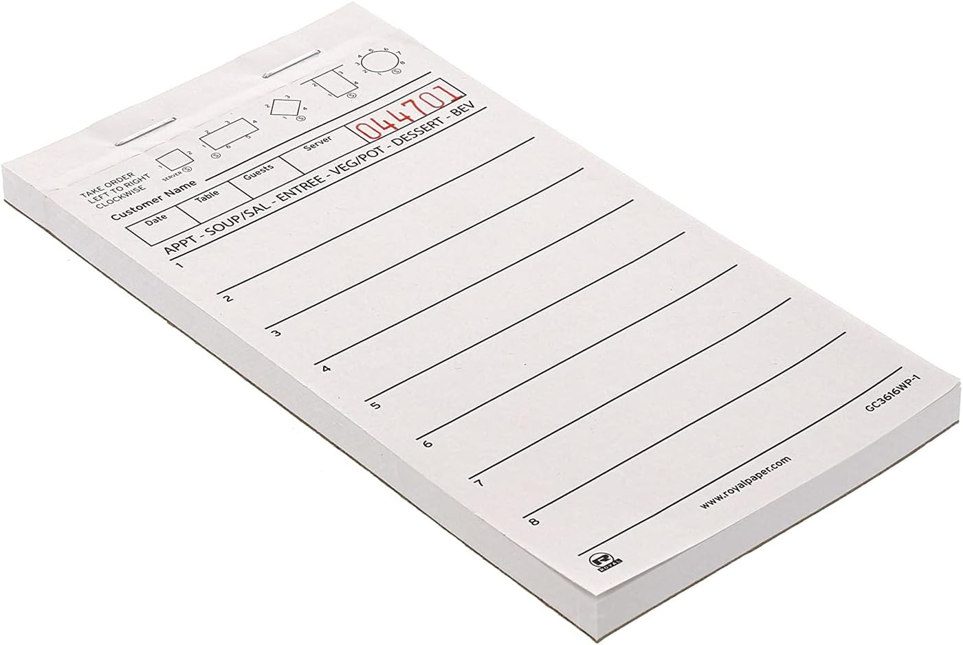 ROYAL White Server Pad Paper, 1 Part Booked with 8 Lines, Case of 50 Books