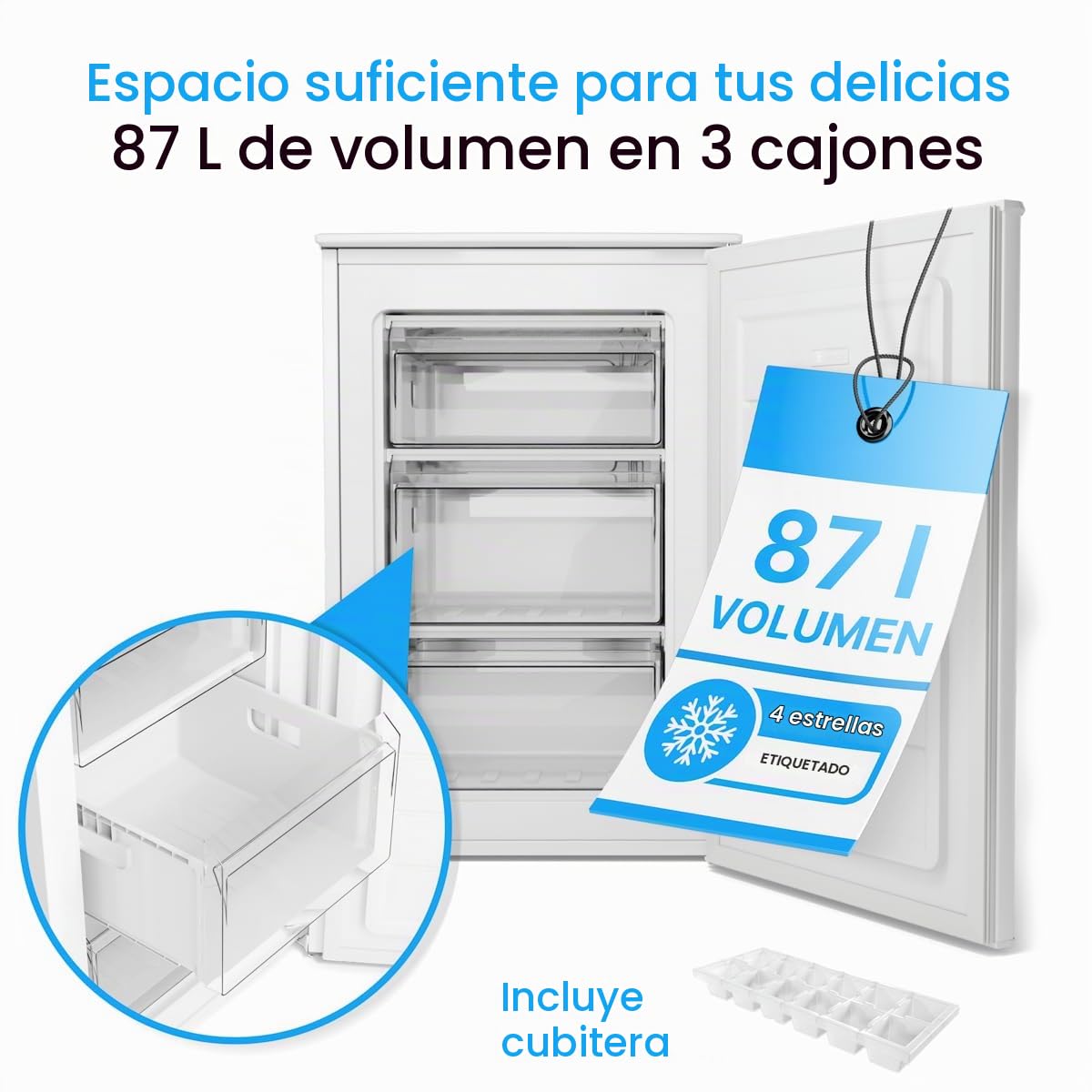 Congelador Bomann® - 87 L - Eficiente energéticamente, silencioso y compacto - ≤ -18 °C, temperatura regulable - 3 cajones y bandeja para cubitos de hielo - Compartimento congelador de 4 estrellas