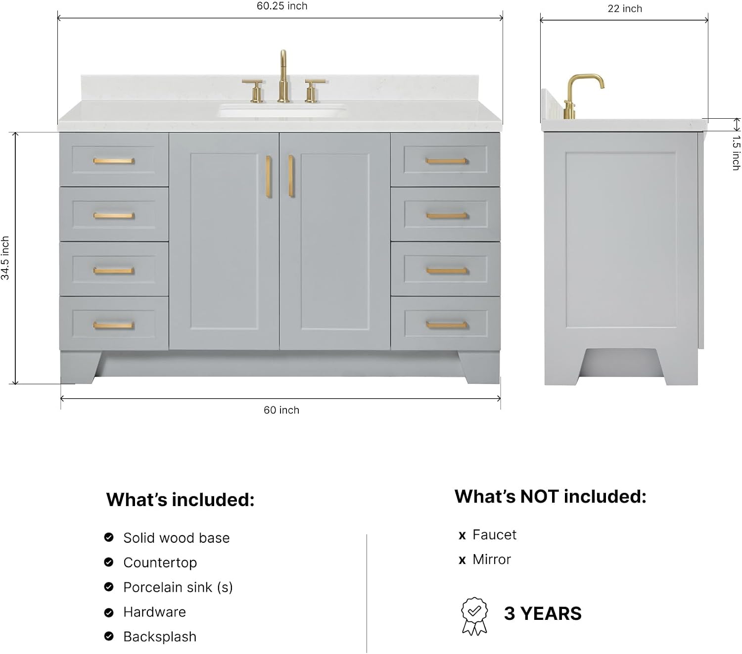 ARIEL Taylor 60-inch Bathroom Vanity with Sink,Solid Wood, 1.5-inch Carrara White Quartz Countertop & Backsplash, Single Rectangular Porcelain Sink, 2 Soft Closing Doors, 9 Dovetail Drawers, Grey