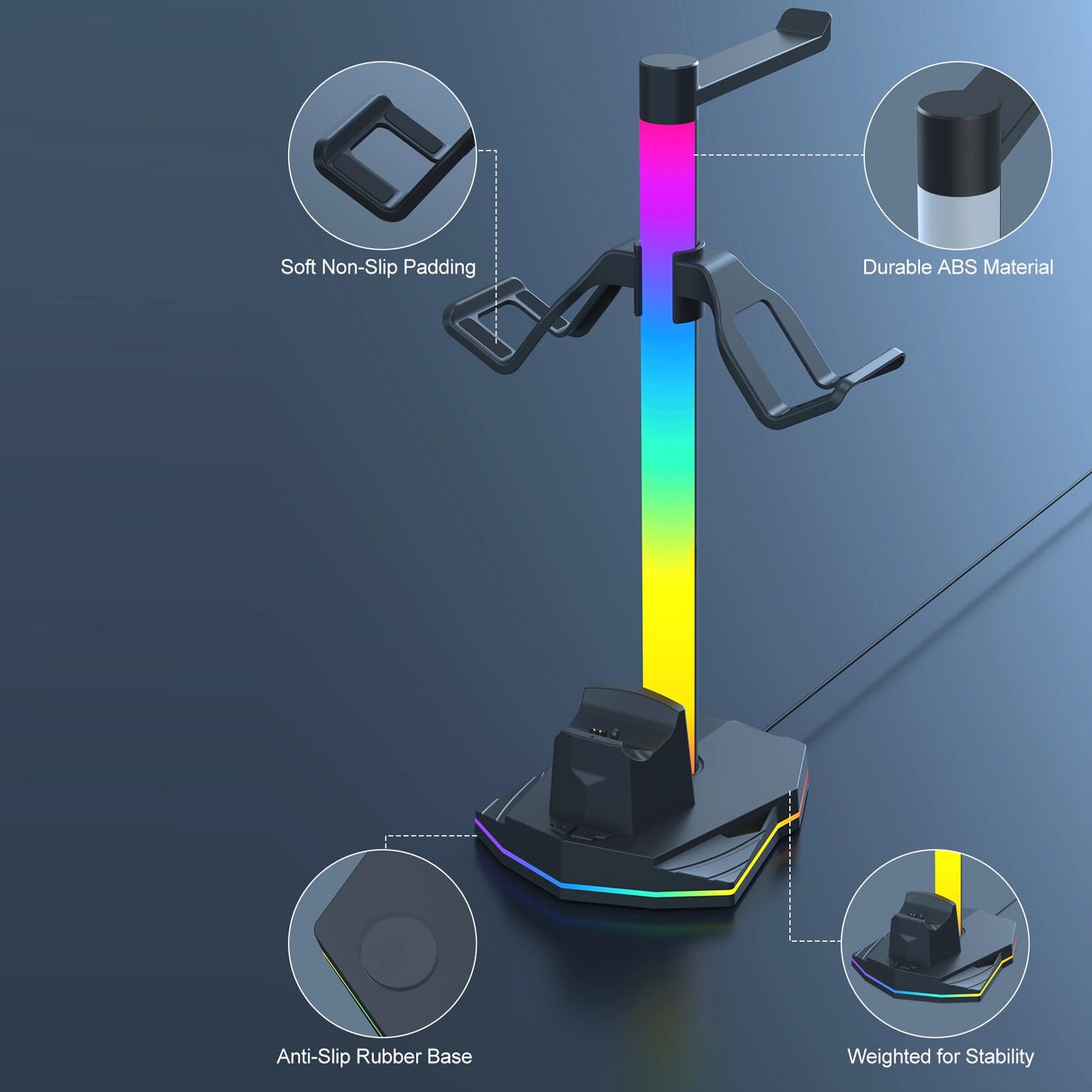Supporto di Ricarica per Controller di Gioco 3 in 1, Supporto per Cuffie RGB con 2 Porte USB 2.0 e 1 Porta USB C, 4 modalità di Illuminazione, Gancio per Auricolari per Riporre