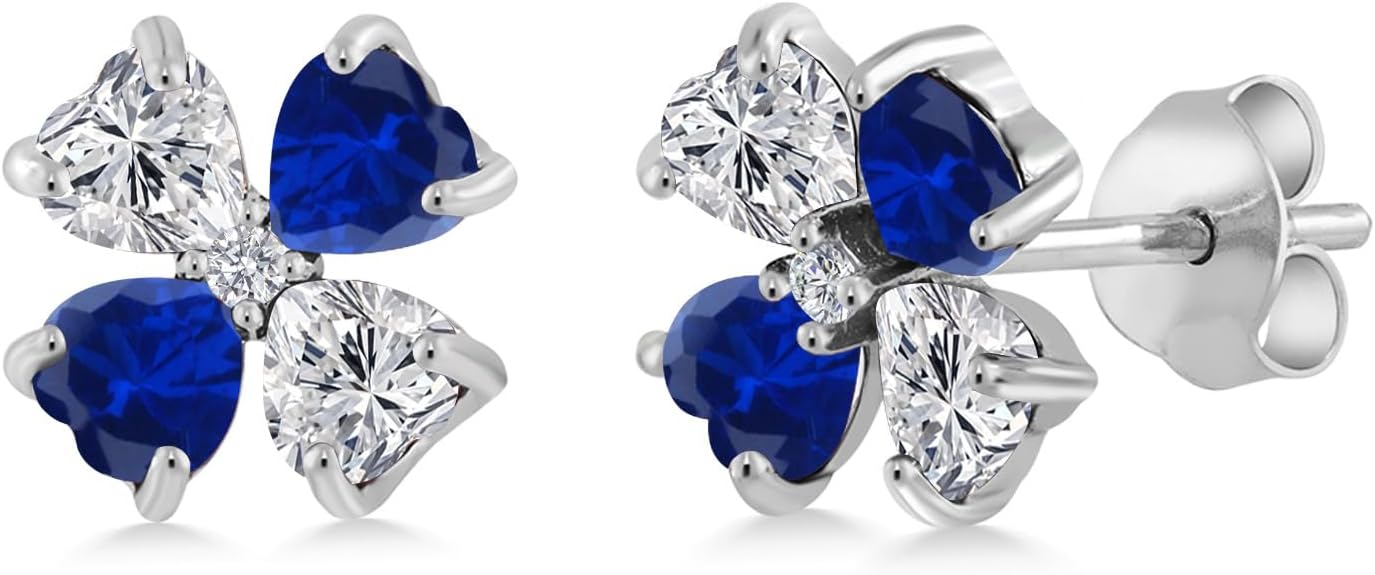 Gem Stone King 925 Sterling Silver Lab Grown Diamond and Blue Created Sapphire Stud Earrings for Women | 2.95 Cttw | Gemstone April Birthstone | Heart Shape 4MM