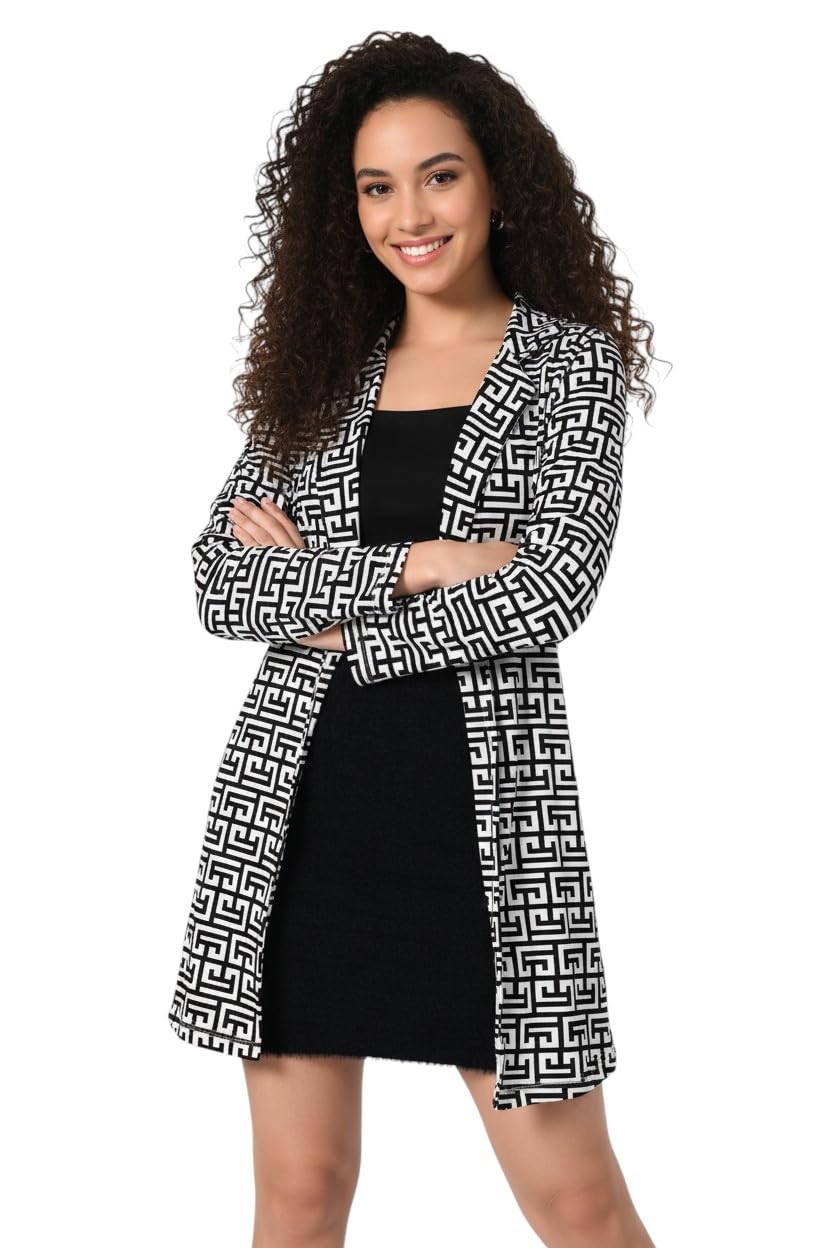 Women’s Black & White Printed Long Shrug Stylish Open Front Shrug