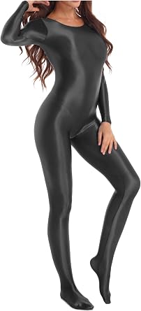Womens Sexy One Piece Shiny Glossy Bodystocking Long Sleeve Yoga Bodysuit Sheer Catsuit