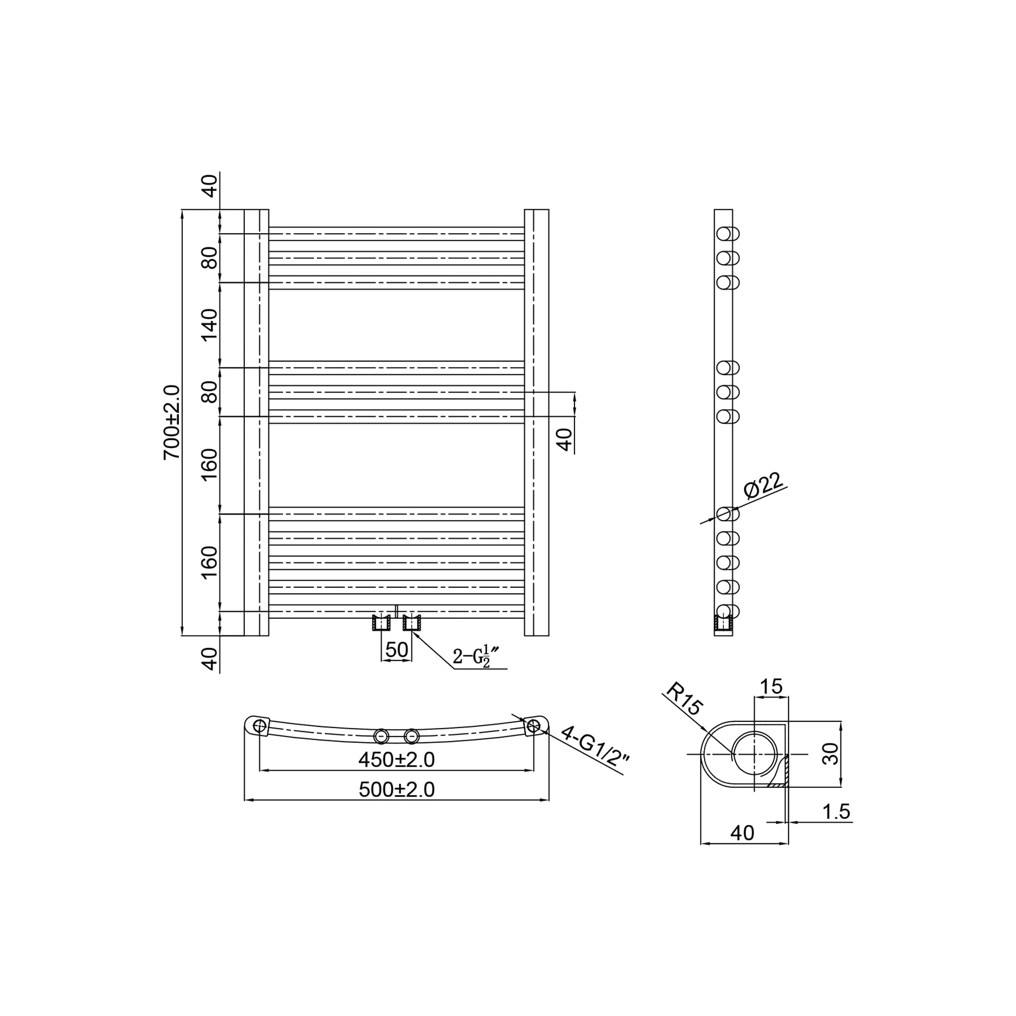 SONNI Scaldasalviette elettrico con termostato, 700 x 500 mm, antracite, curvo, attacco centrale, ovale, scaldasalviette per bagno, riscaldamento, 400 W